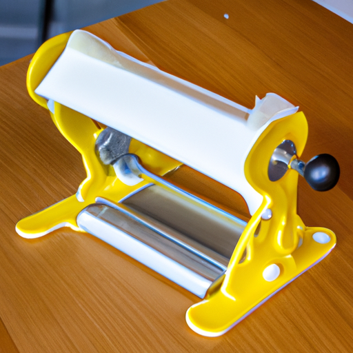 Een accessoire voor het maken van pasta bevestigd aan een pastamachine op een keukentafel