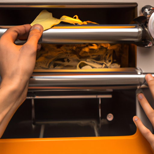 Een hand die aan de hendel van de pastamachine draait om pasta te maken