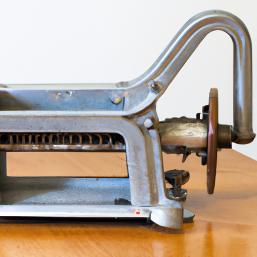 Een handmatige pastamachine van roestvrijstaal met een werkbreedte van 7cm vastgemaakt aan een keukentafel