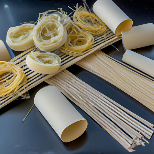 Verschillende soorten zelfgemaakte pasta zoals spaghetti en fettuccine liggen op een droogrek